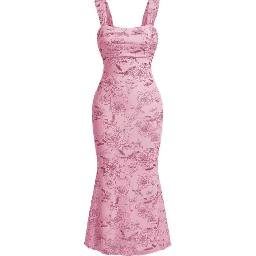 Pink Floral Mesh Midi Dress Square Neck Mermaid Hem Sleeveless Medium Feminine